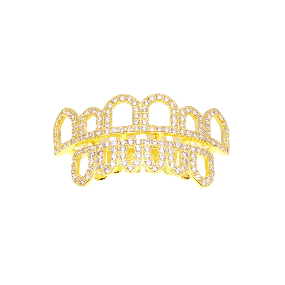 

Hip Hop Hollow Gold Color Cubic Zircon Teeth Mouth Caps Top & Bottom Grill Set Bling Men Women Jewelry Party Gift