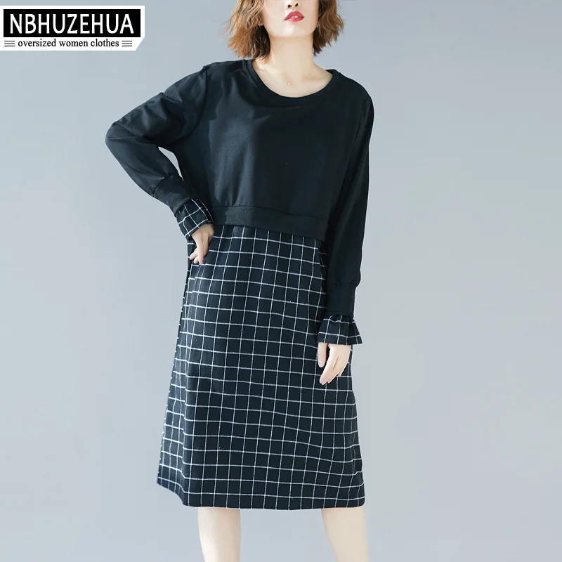 

NBHUZEHUA Women Spring Dress 2019 Splice Plaid Knitted Ladies Long Sleeve Dresses Midi Big Size Dress Clothing 5XL 19-D102
