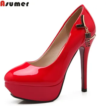 

Asumer new high quality round toe sexy patent leather women pumps ladies high heels party wedding shoes woman red pink beige