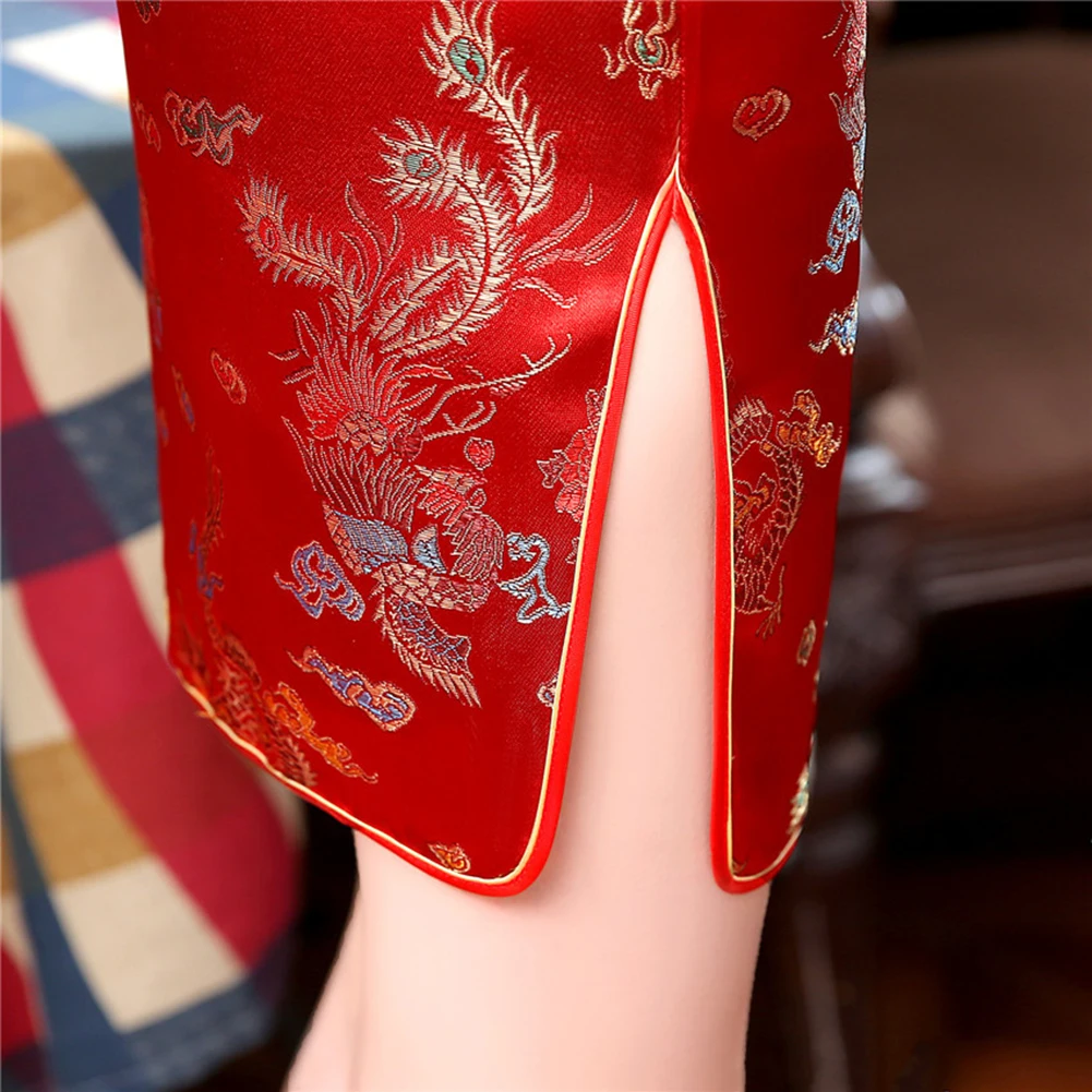 Этническая мода для женщин Китайский дракон феникс парча короткий рукав Стенд воротник Slim Fit элегантный платье Чонсам Лето 2019