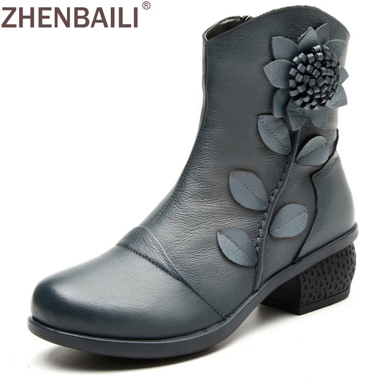 

Elegant Genuine Leather Boots 2017 Spring Autumn Winter Fashion Flower Med Square Heel Boots Black Grey Casual Women Boots