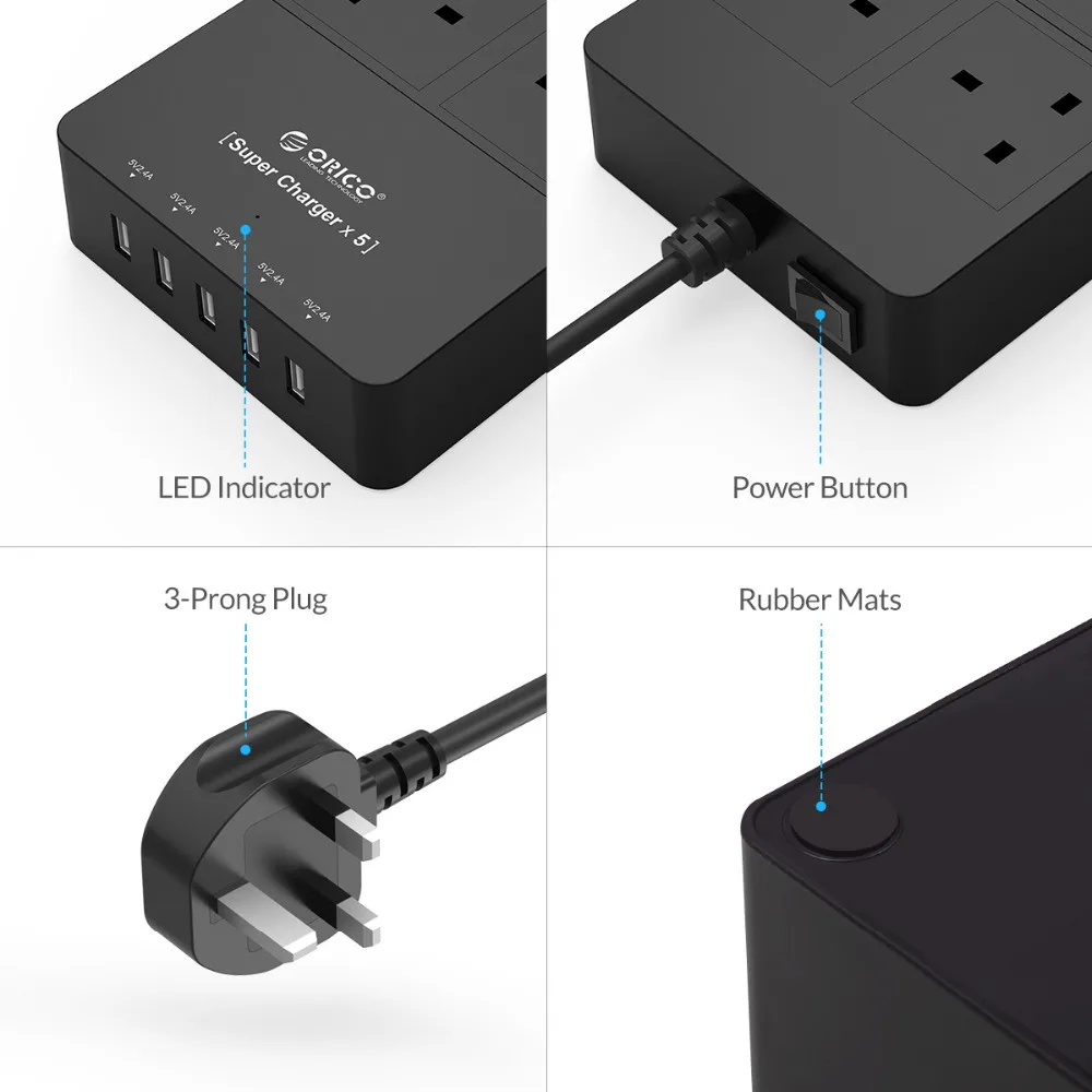 ORICO топ продаж черный блок питания 4 гнезда-5 USB 2.4A Быстрая зарядка поддержка Интеллектуальная Зарядка IC