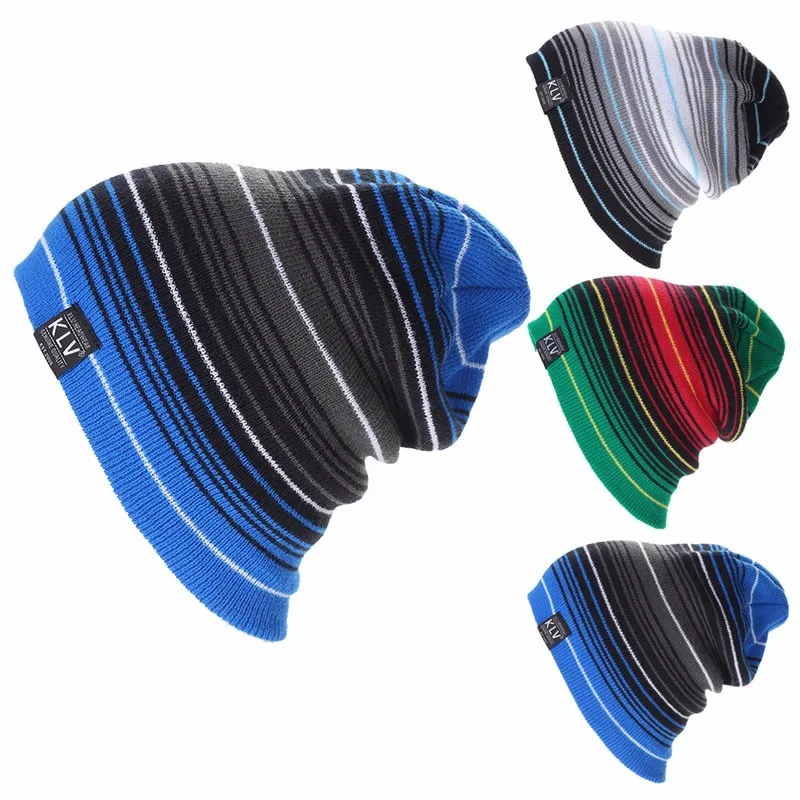 

KLV Multilayer-Stripe Collision Color Wool Hat Slouchy Winter Knitted Beanie Cap