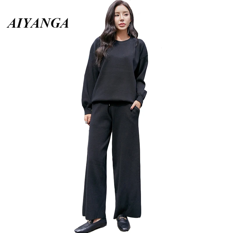 

2018 Autumn Winter Knitted Tracksuit O-neck Sweatshirts Casual Suit Women 2 Piece set Knit Wide Leg Pant Sporting Suit Female