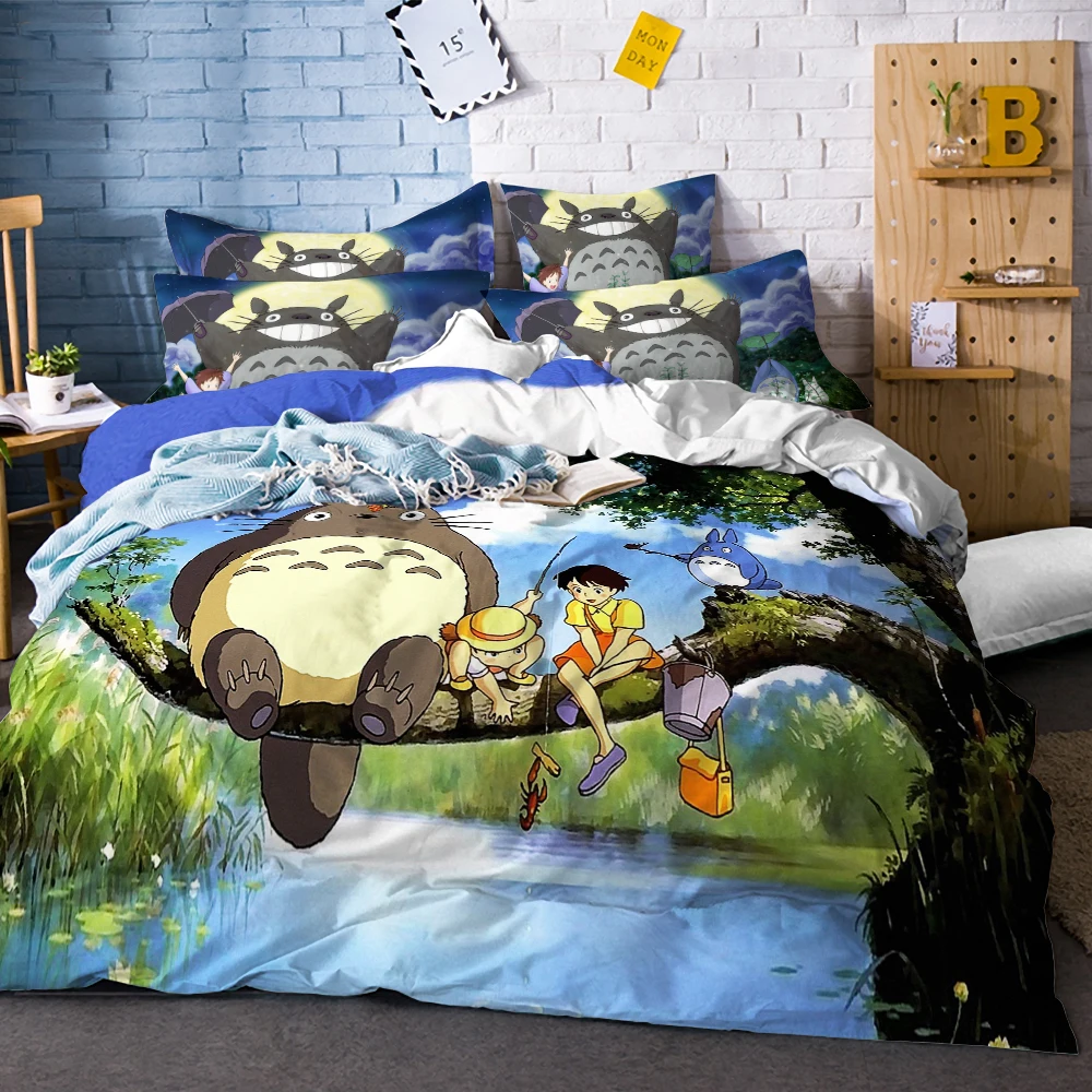 

2/3pcs Lifelike Totoro Kids Bedding Set Pillowcase Bed Linen Set Cartoon Anime Microfiber Duvet Cover Set Twin Full Queen King