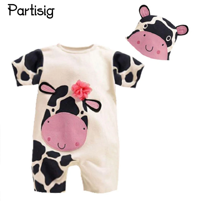

Roupa De Bebe Cartoon Animal Short Sleeve Romper Hat 2PCS Set Summer Baby Boy Clothes Baby Girl Clothing Cow Panda Zebra Lion