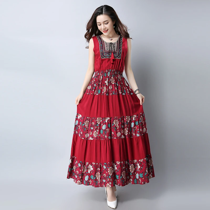 Женское платье макси без рукавов с круглым вырезом и вышивкой|vestidos f|vestidos fashiondress