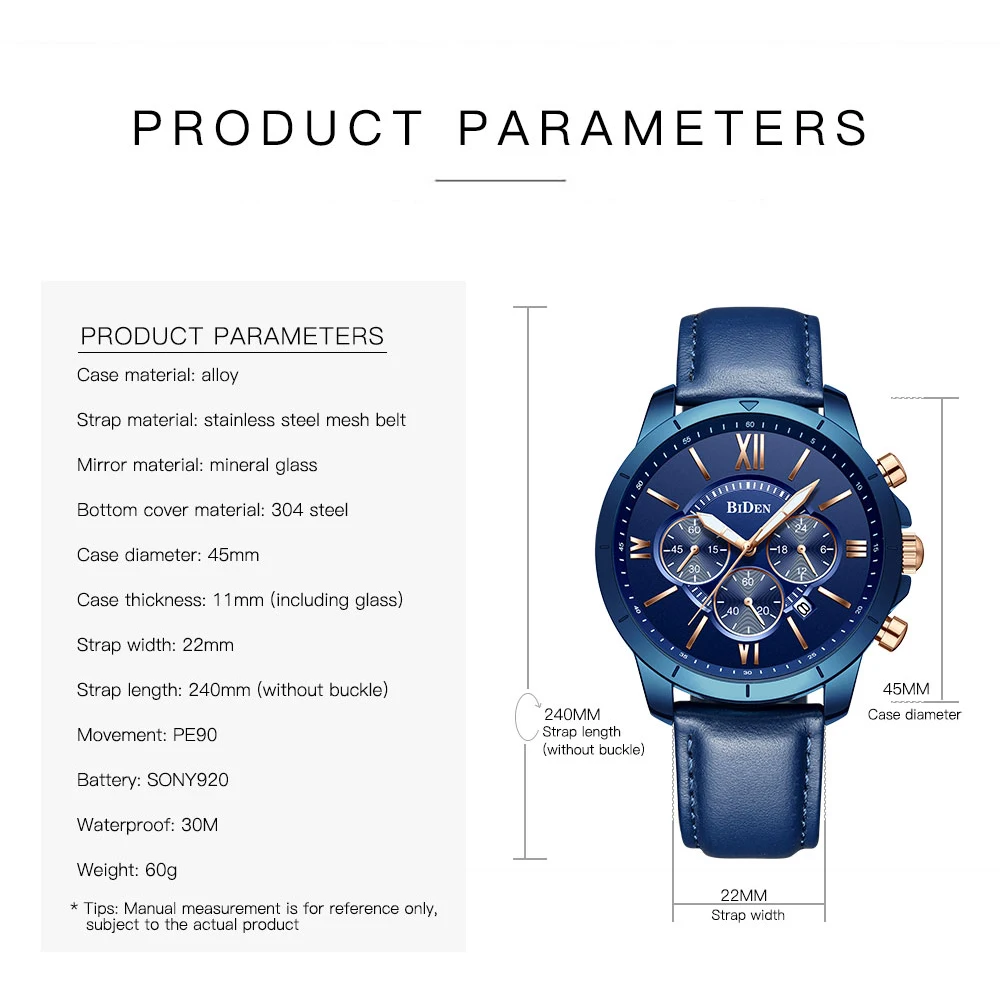 BIDEN Mens Watches Fashion Sport Quartz Clock Male Watch Men Luxury Business Leather Waterproof Wristwatch Relogio Masculino