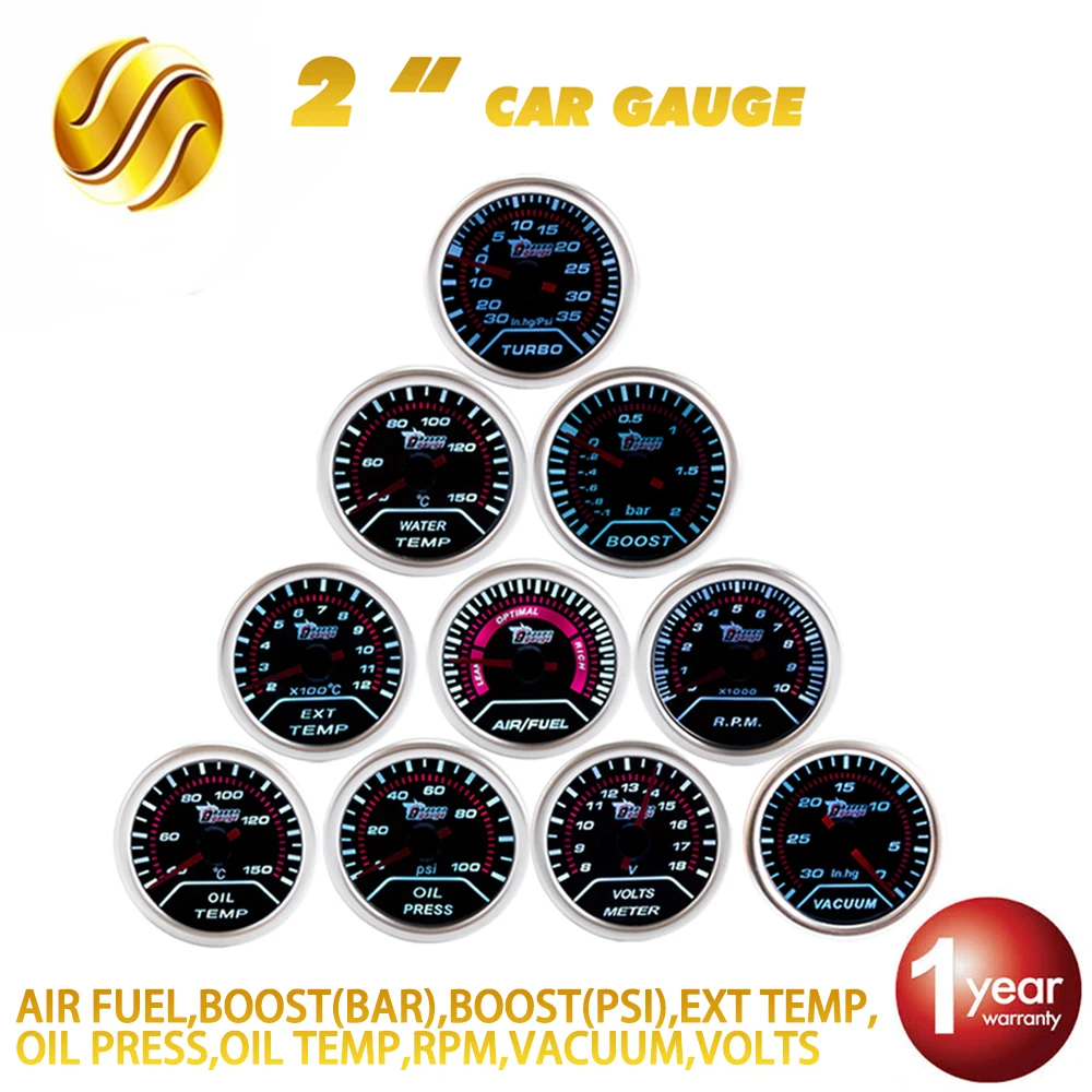 

Hippcron Car Gauge EXT TEMP VOLTS 2" 52mm Bar Boost Air Fuel Turbo Meter Vacuum 12V Vehicle Silver Rim Automotive Gauges