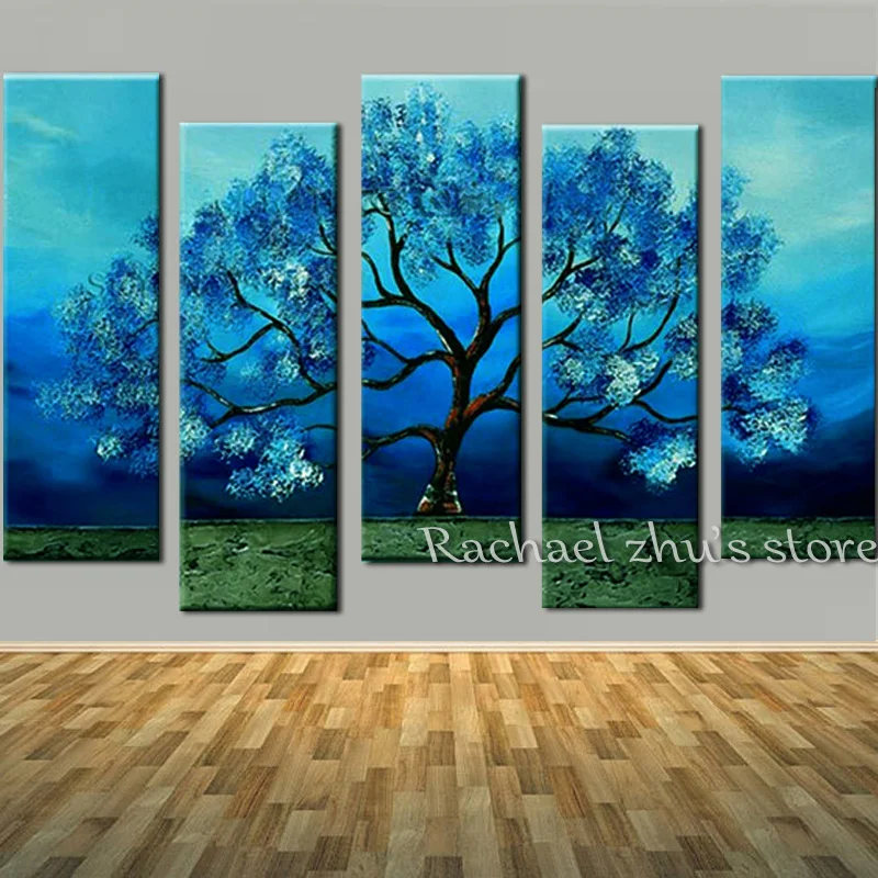 

Hand Painted Blue Blooming Flower Tree 5 Panles Oil Painting On Canvas Flower Tree Wall Art Picturers For Living Room Home Decor
