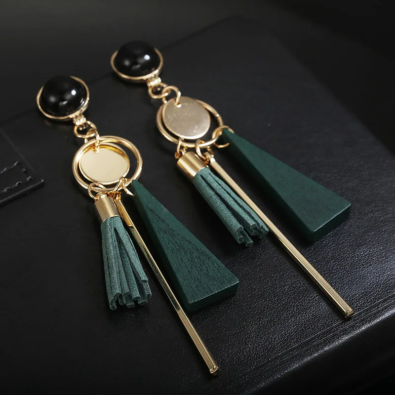 

Personality fashion triangle geometry wood earrings retro female tassel long section ladies earrings jewelry