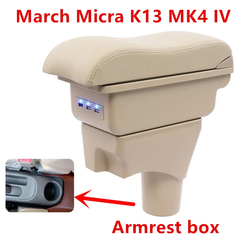 

For Nissan March Micra K13 MK4 IV armrest box central Store content Storage box with cup holder ashtray USB interface 2010-2017