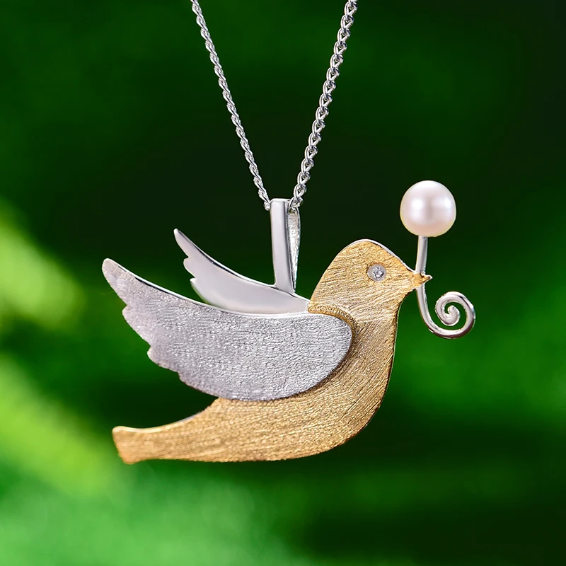 Lotus Fun Real 925 Sterling Silver Handmade Fine Jewelry Creative Flying Pigeon with Fruits Pendant without Necklace for Women