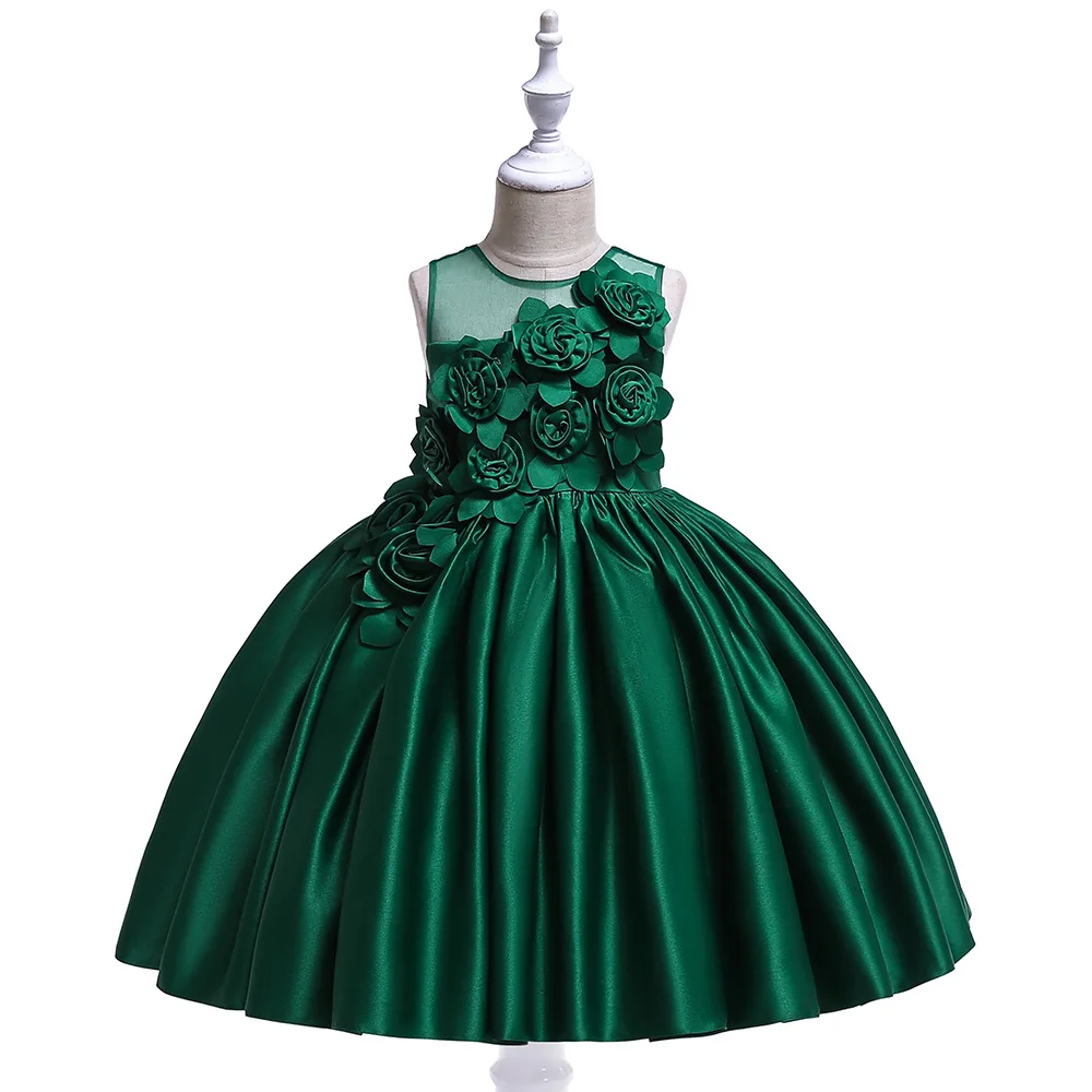 Для девочек в цветочек платья для свадьбы Вечерние наряд для церемоний Атлас Платье для первого причастия для маленьких девочек - Цвет: L5068-Green