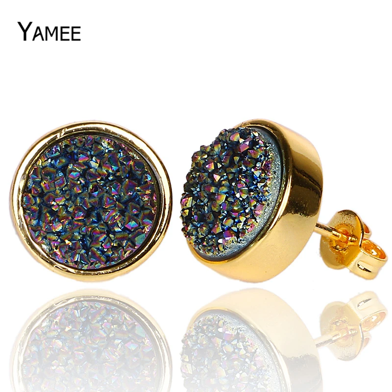

Hot Sale Korean Style Female Piercing Stud Earrings Cute 10mm Round Stone Titanium Crystal Quartz Geode Druzy Earring Women Gift