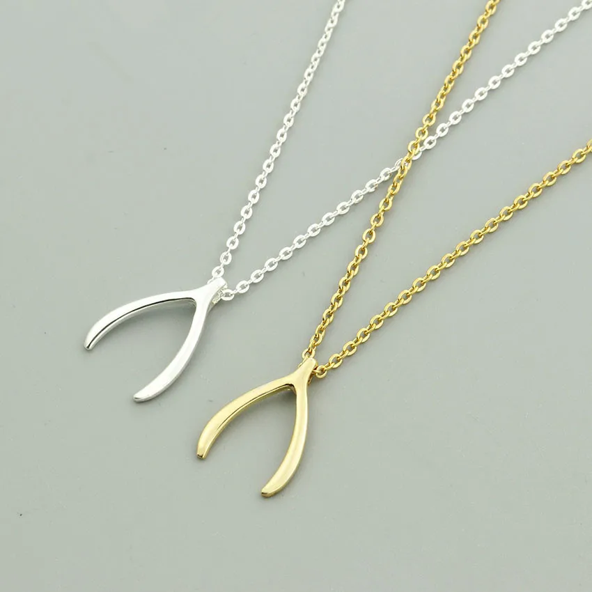 V Attract Small Wishbone Slide Pendant Necklace for Women Copper Jewelry Gold Stainless Steel Chain Collier |
