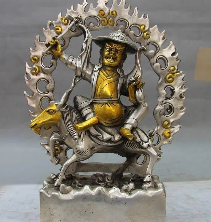 

Tibet Folk Buddhism White Copper Silver Ride Horse Setrap Chen God Buddha Statue
