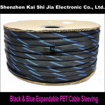 

Free Shipping 100M X 12mm Expandable Braided High density PET Protective Cable Sleeving - Black & Blue