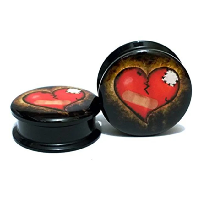 1 pair Patched Heart gauges black acrylic screw flesh tunnel ear plug