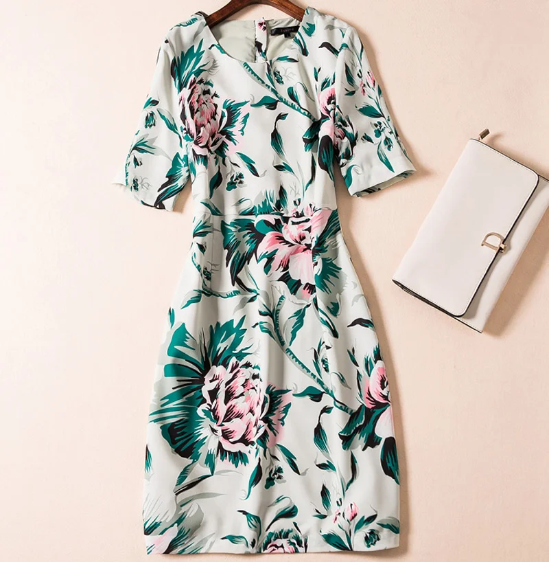 

Women Dress Flower Print O-Neck Short Sleeve Work Dresses Elegant C3253