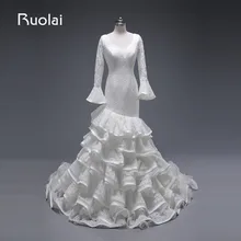 Real Photo 2016 O-Neck Long Sleeves with Ruffles Elegant Lace Mermaid Wedding Dress White Bridal Gown Robe de Mariage WED3