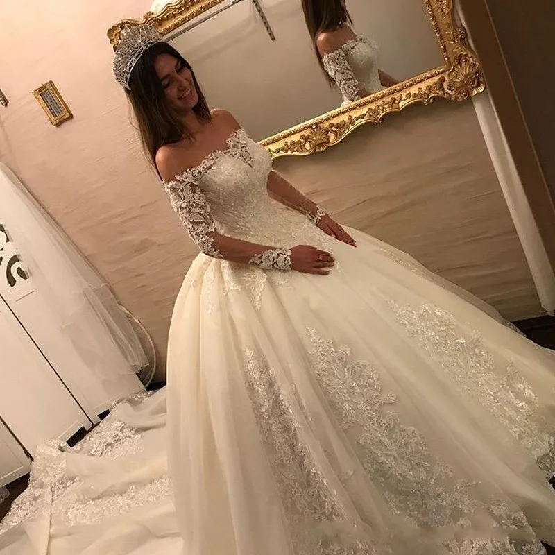 Vestido de noiva princesa Дубай Свадебные платья Аппликация для бального платья развертки поезд Плюс Размер Свадебные платья рукава Кружева великолепные