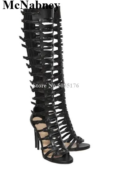

Sexy Black Summer Peep Toe Ladies Boots Stiletto Heels Knee High Cover Heel Western Long Boots Zip Spring/Autumn Women Shoes