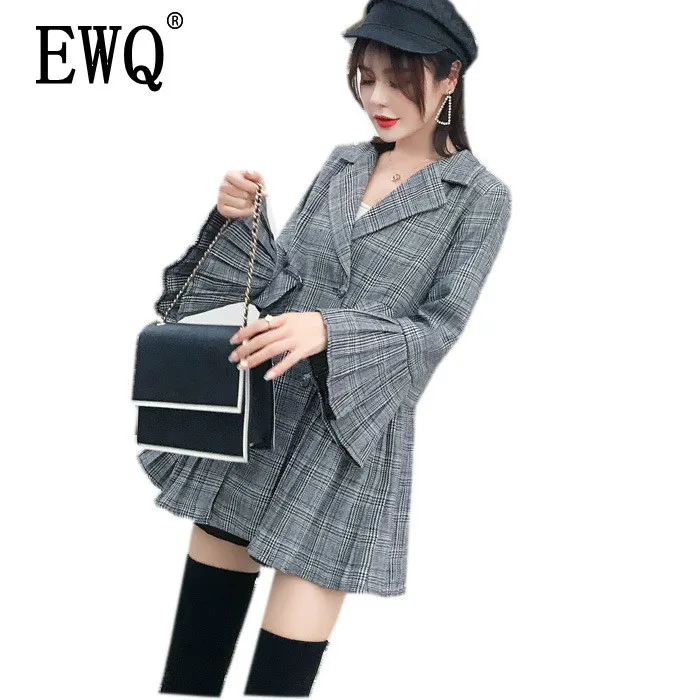 

[EWQ] 2019 Spring Summer New Pattern Turn Down Collar Long Sleeve Double Breasted Vintage Loose Dress Women Fashion Tide AE96502