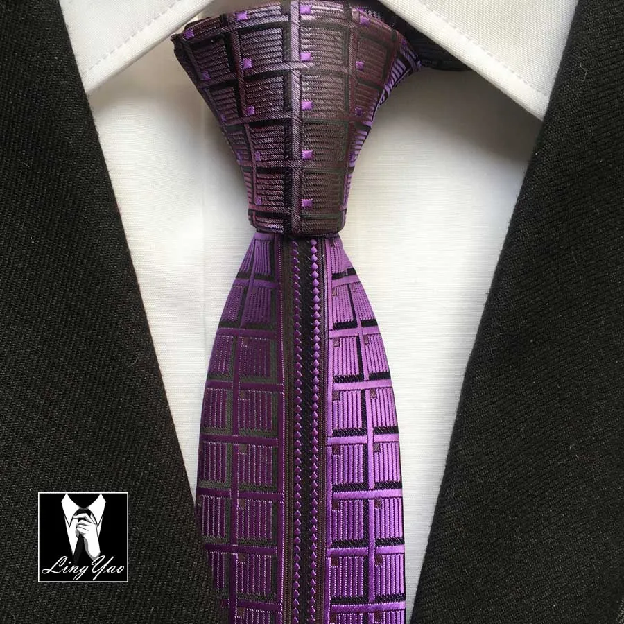 

Unique designer tie gentlemen fashion skinny slim necktie purple geometric plaids with stripes gravata to match shirt dress