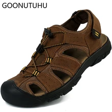 Мужские сандалии г. Повседневная Летняя обувь из натуральной кожи мужские пляжные сандалии, большие размеры 38-47 мужская обувь модные уличные сандалии для мужчин