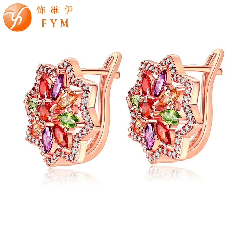 FYM Luxury Rose Gold color Flowers Earrings Colorful AAA Cubic Zirconia