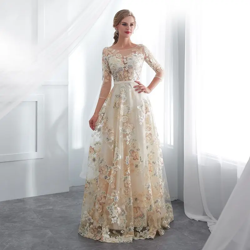 Sexy illusion Evening Dresses Long Formal party Elegant embroidery flower prom gowns 3 quarter sleeve Evening Dresses tulle Sexy illusion Evening Dresses Long Formal party Elegant embroidery flower prom gowns 3 quarter sleeve Evening Dresses tulle
