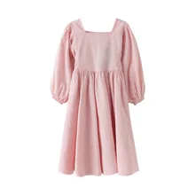 Rlyaeiz/модные платья для девочек; коллекция года; летнее хлопковое льняное однотонное платье с рукавами-фонариками для девочек; Детские платья принцессы для девочек