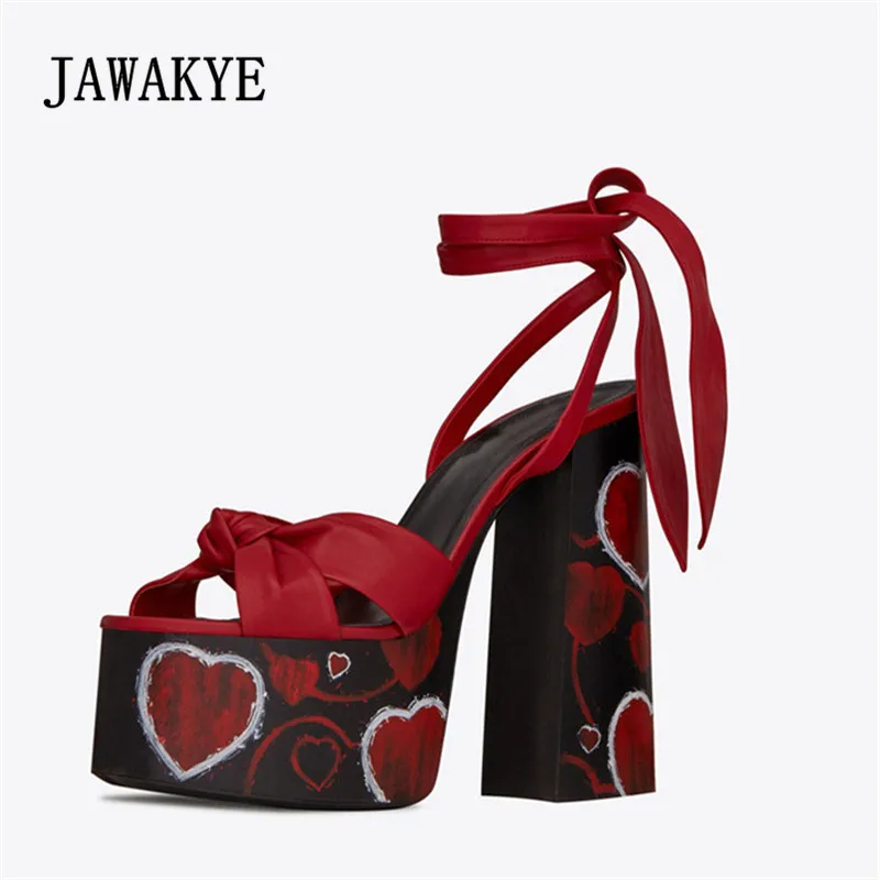 Super High Heel Ankle Strappy Platform Sandals Red Heart Embellished Summer Open Toe Gladiator Sandals Party Shoes Women