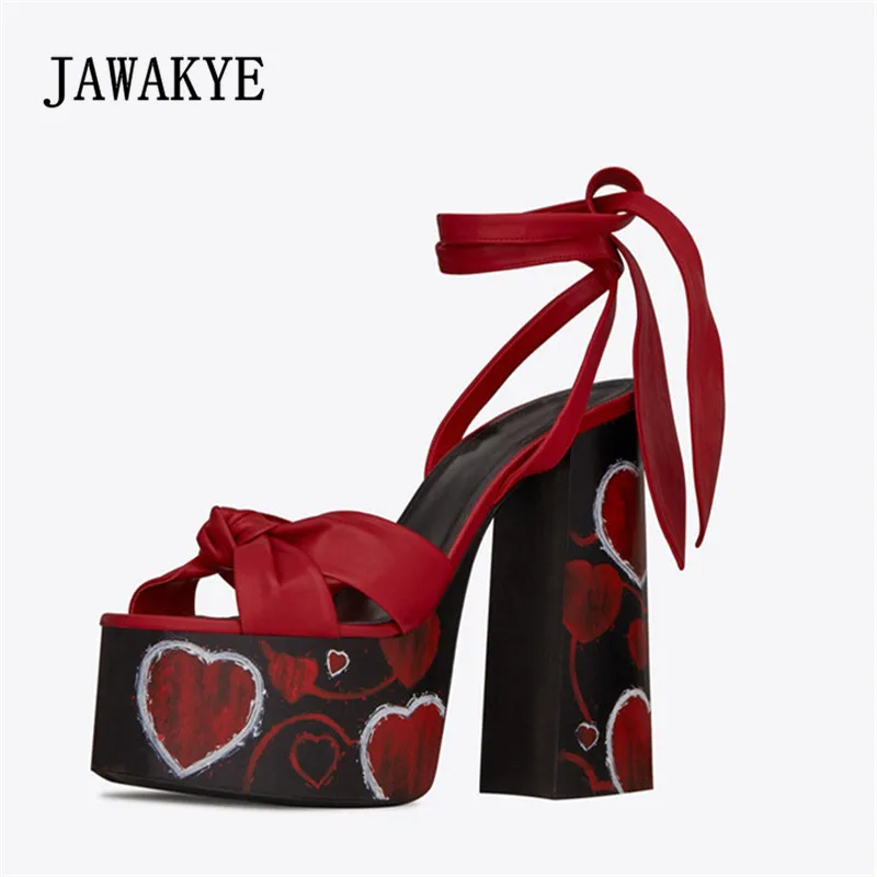 

Super High Heel Ankle Strappy Platform Sandals Red Heart Embellished Summer Open Toe Gladiator Sandals Party Shoes Women