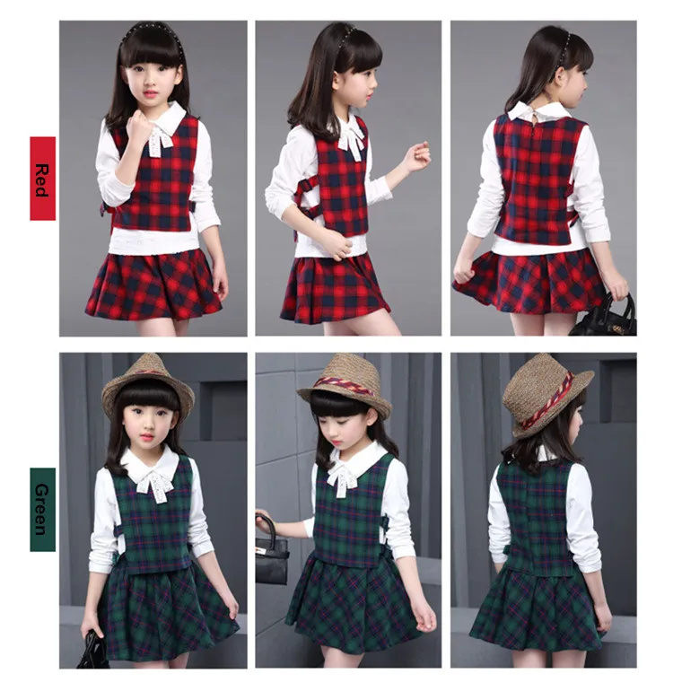 Girls White Shirt Plaid Waistcoat Skirts 3PCS Suit 4