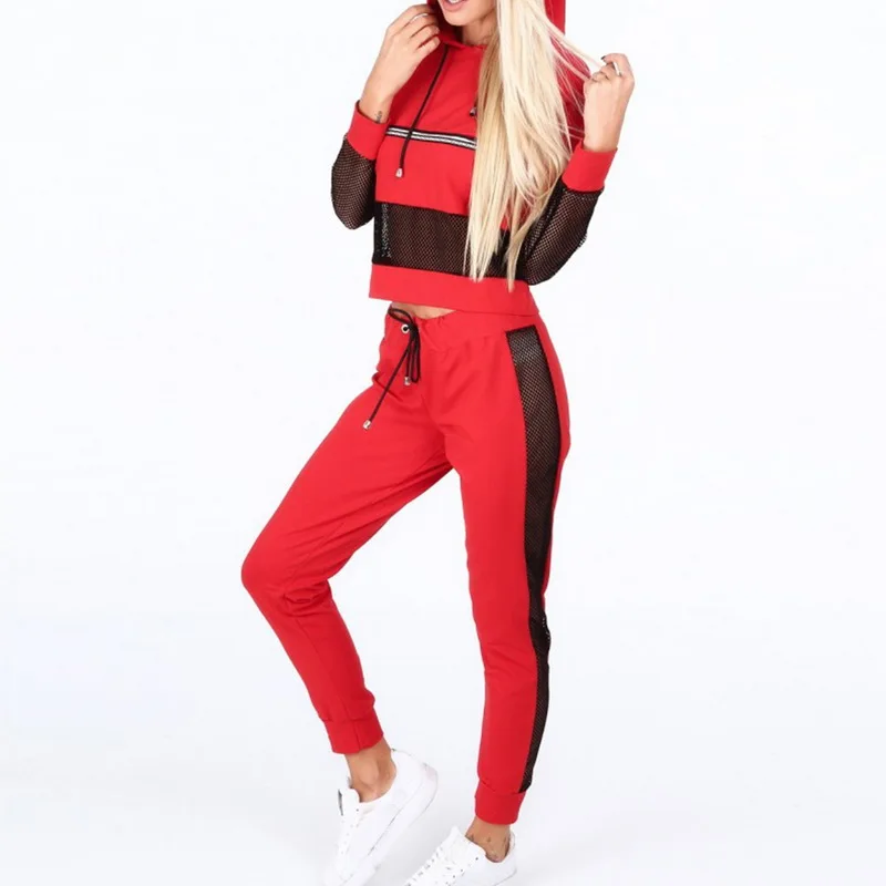 

Women's Casual Sexy Mesh Spliced Sports Set 2 Pieces New Fashion Slim Long Sleeves Hooded Short Sweatshirt+Pants Set Tracksuits