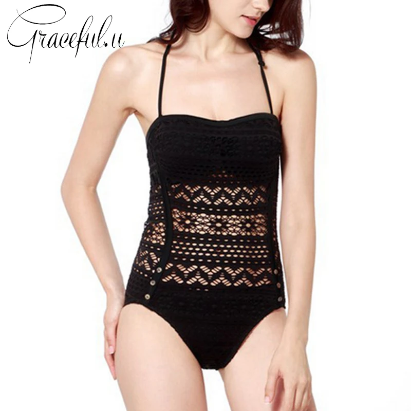 

Plus Size Swimwear Women 2017 White Black Lace Crochet One Piece Swimsuit Beach Trikini Retro Swimming Suit for Women