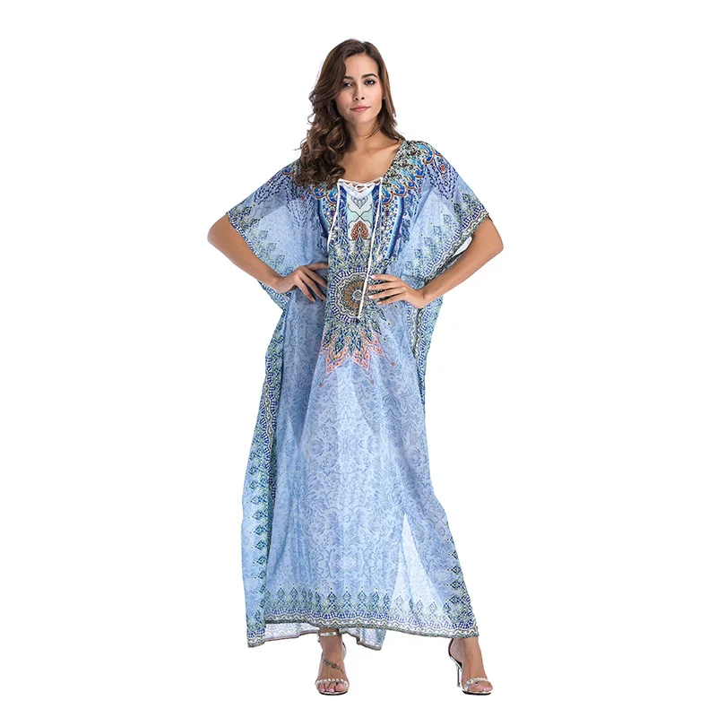 Vestidos Verano 2018 Summer Robe Femme Boho Open Loose Long Chiffon Batwing Sleeves V Neck Lepord Print Party Beach Dress W1010 | Женская