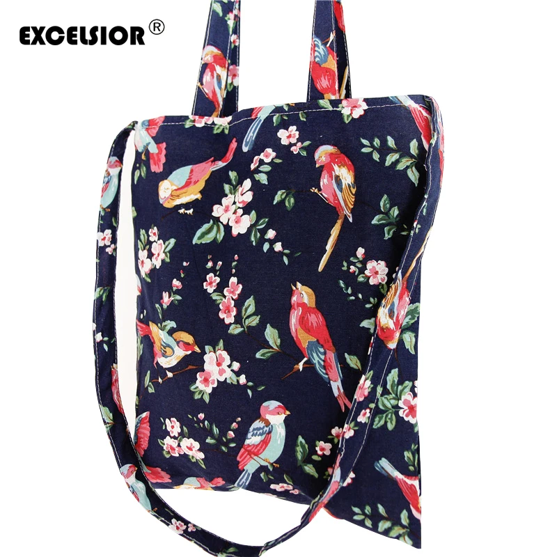 EXCELSIOR Birds And Floral Printed Canvas Tote Female Casual Beach Bags Large Capacity Women ...