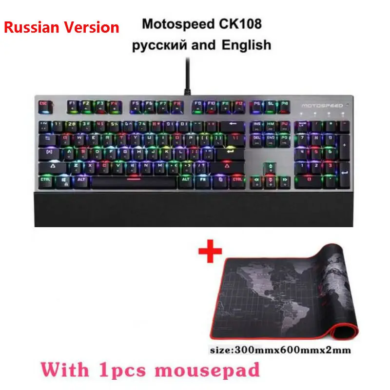 Оригинальная механическая клавиатура Motospeed CK108, 104 клавиш, RGB переключатель, игровой проводной светодиодный, с подсветкой, против привидения, для геймера, компьютера, ПК - Цвет: Russian with Mousepa