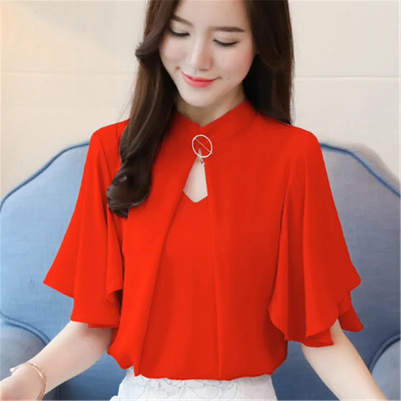 

new summer short sleeve chiffon women blouse shirt fashion 2019 plus size 2XL women's tops sweet women's cloth white blusas D072