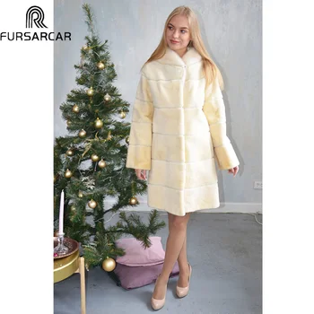 

FURSARCAR Winter Women Warm Fur Hood Fur Jacket Natural Rex Rabbit Fur Coat Luxury Long White Color Fashion Outwear