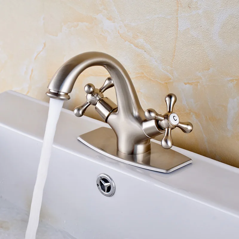 

Free Shipping Dual Handle Single Hole Basin Faucets Deck Mounted Bathroom Hot and Cold Water Faucet Brushed Nickle