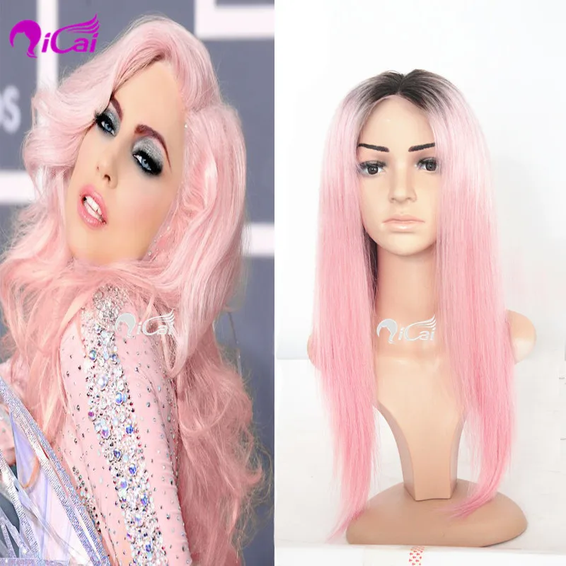 

Free Shipping Fashion Glueless Lady Gaga Pink Ombre Lace Wigs Silk Straight #1bT Pink Ombre Human Hair Full Lace Wig