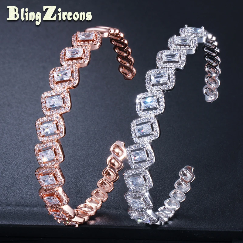 

BeaQueen Newest Clear Square Cubic Zirconia Crystal Fashion Silver Color Adjustable Open Cuff Bangles Jewelry for Women B151