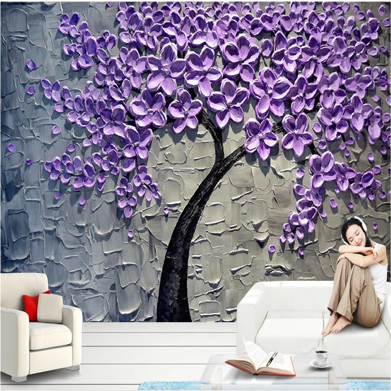 

beibehang Large Custom Wallpapers Frescoes Purple Fortune Tree Oil Paintings Stereoscopic Sculptures Background Walls