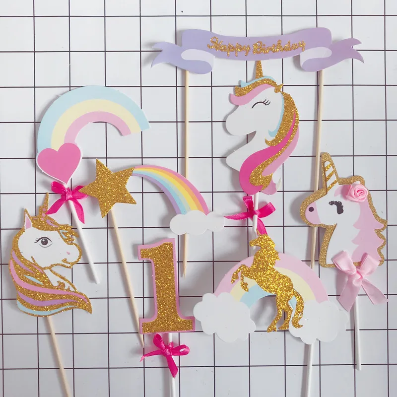 

Biling Pink Gold Purple Unicorn Rainbow Meteor Cloud Collection Cake Topper for Party Decoration Dessert lovely Gifts