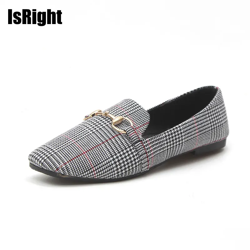 

Summer Plaid cloth Flat casual shoe Slip-on loafers women Metal jewelry shallow school footwear