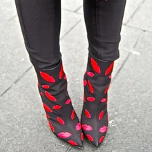 Пикантные весенние красные Средства ухода за губами машины Вышивка острым носом Женские ботильоны Улица Стильный стилет Высокие каблуки Короткие bottines Обувь